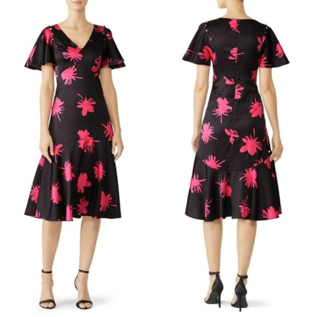 Prabal Gurung Midi Dress Tulip Floral Print V-Neck Flutter Short Sleeve sz 6